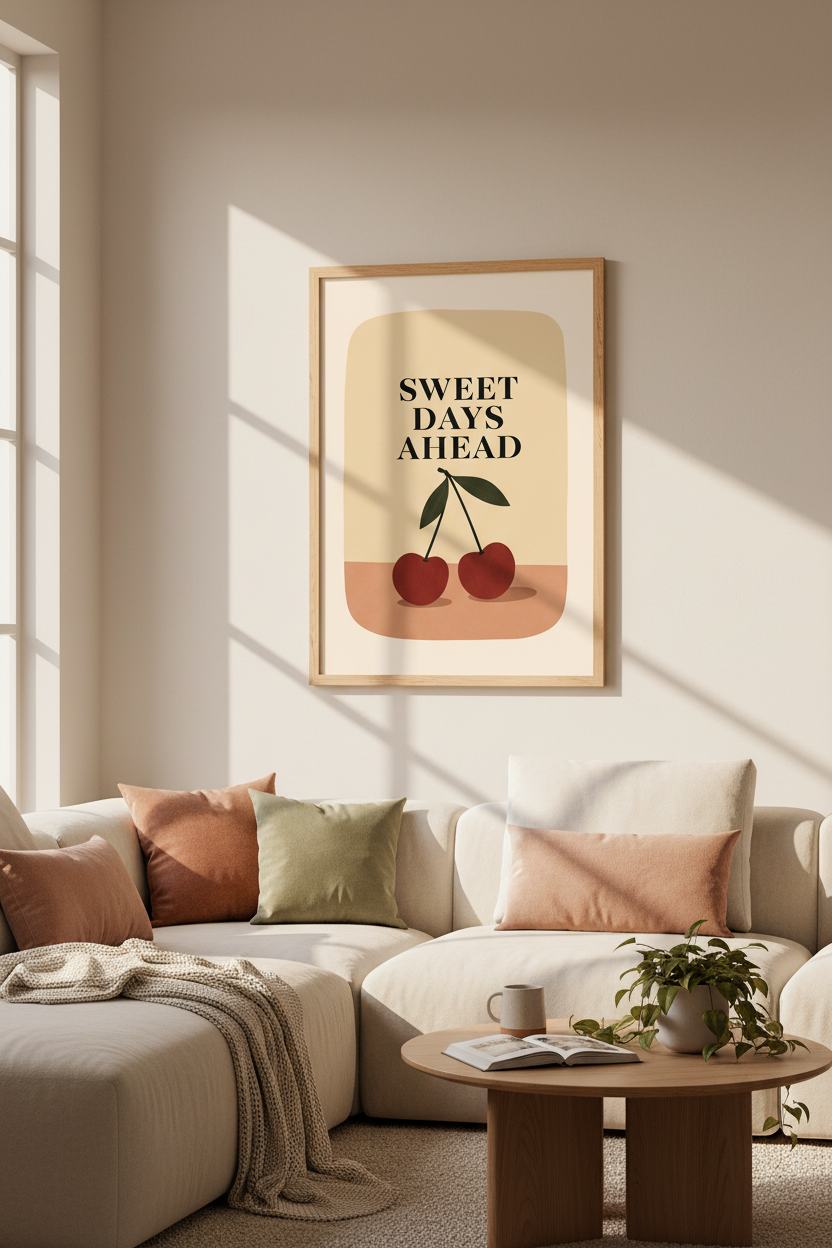 Red Cherry Fruit Wall Art | Sweet Days Ahead Quote Poster, Kitchen Aesthetic Decor