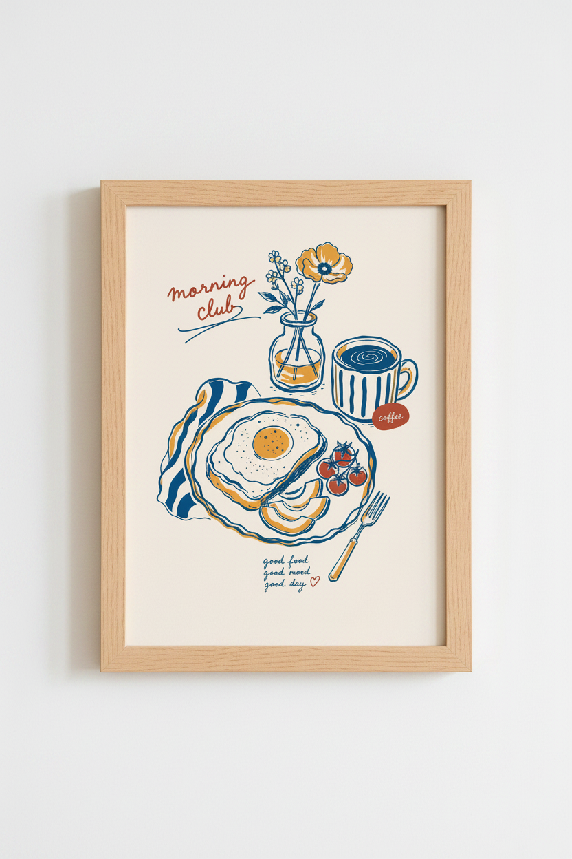 Kitchen Food Art Print | Retro Breakfast Poster, Blue &amp; Orange Dining Decor