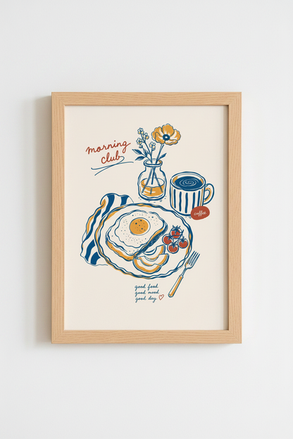 Kitchen Food Art Print | Retro Breakfast Poster, Blue &amp; Orange Dining Decor