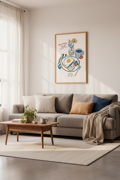 Kitchen Food Art Print | Retro Breakfast Poster, Blue &amp; Orange Dining Decor