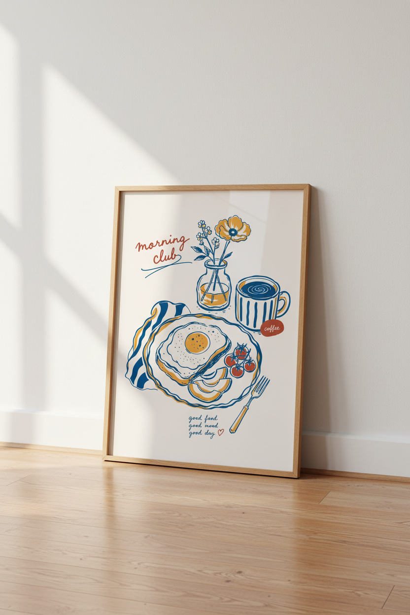 Kitchen Food Art Print | Retro Breakfast Poster, Blue &amp; Orange Dining Decor