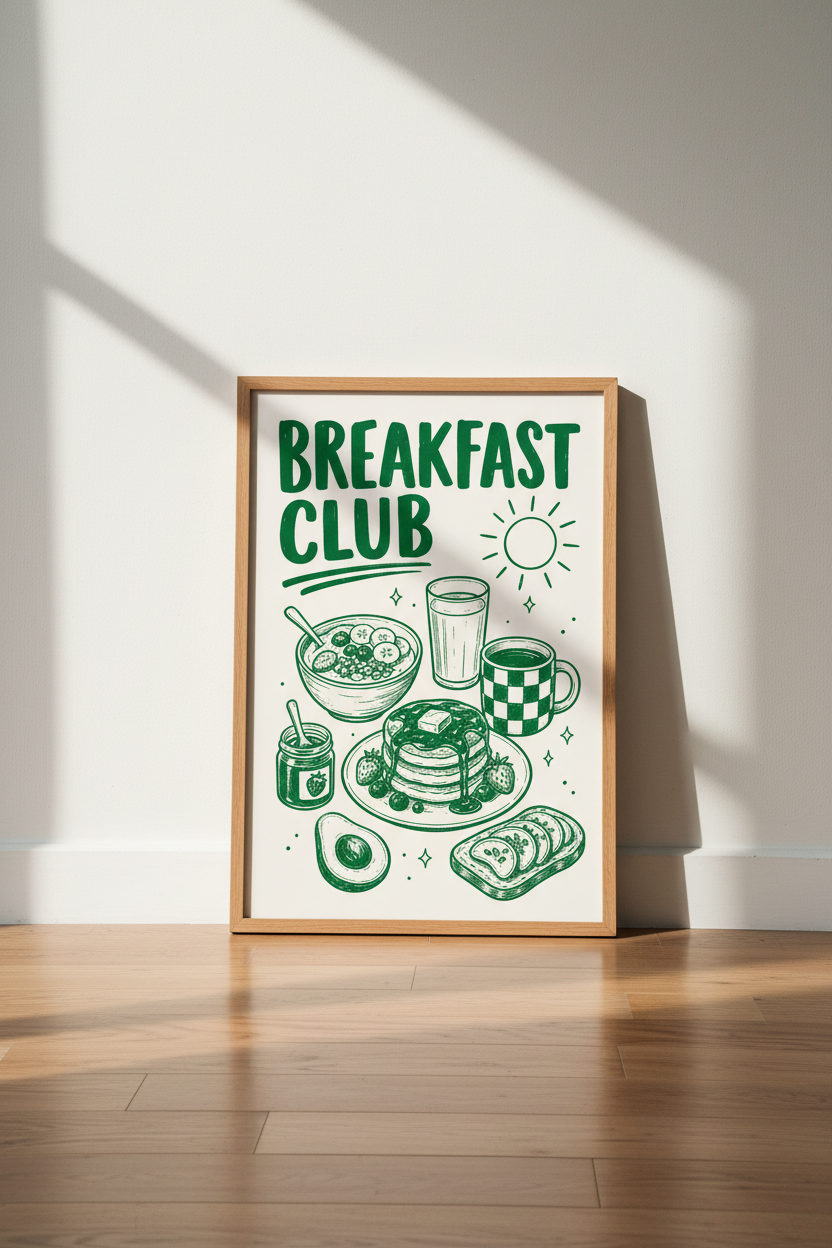 Breakfast Wall Art | Retro Emerald Illustration, Kitchen Decor | Cozy Morning Poster