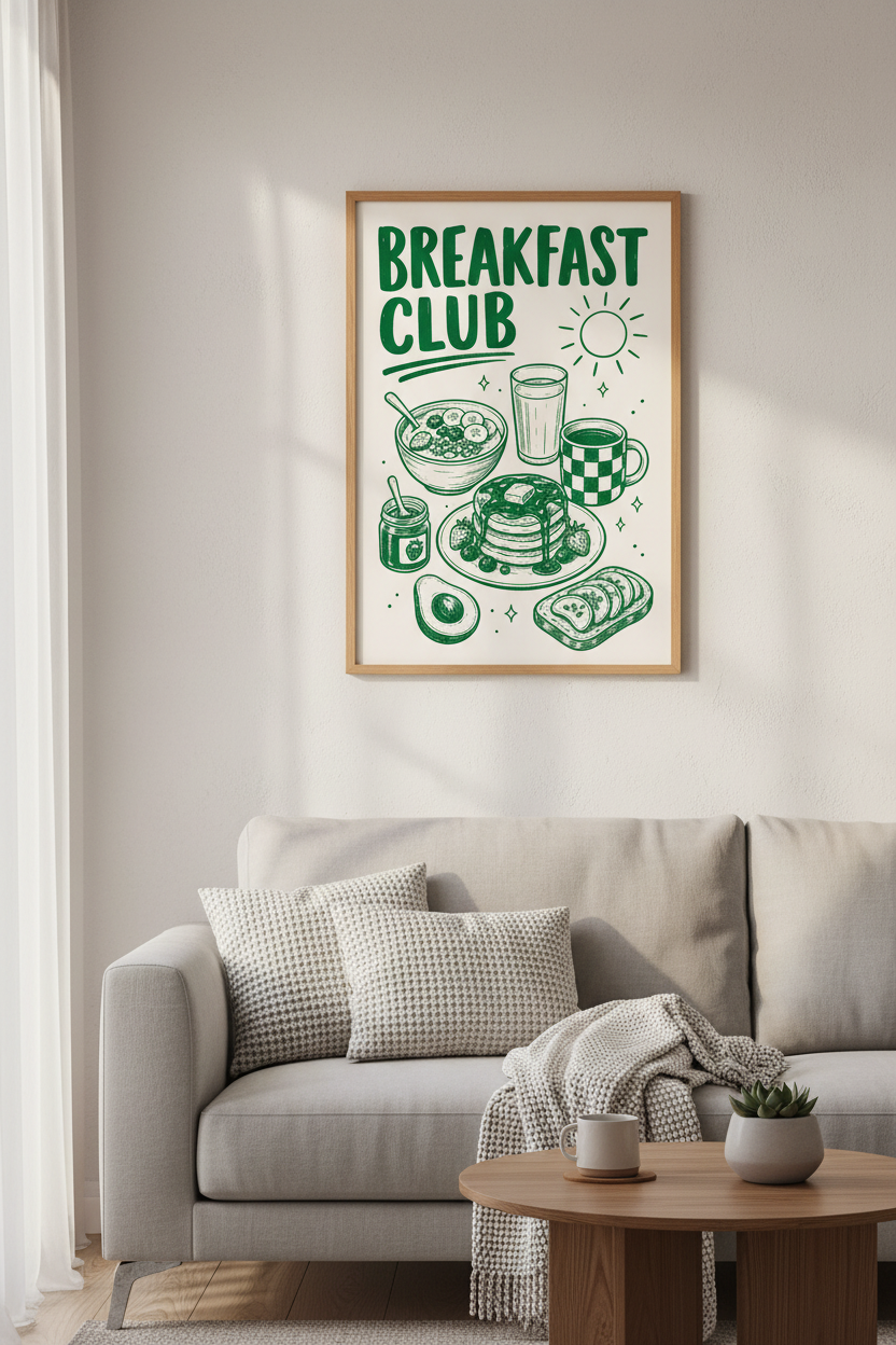 Breakfast Wall Art | Retro Emerald Illustration, Kitchen Decor | Cozy Morning Poster