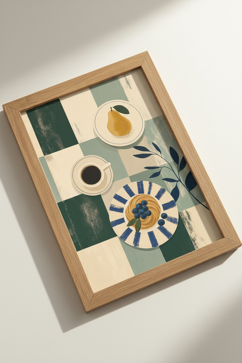 Breakfast Still Life Wall Art | Sage Green &amp; Navy Kitchen Decor | Breakfast Nook Poster