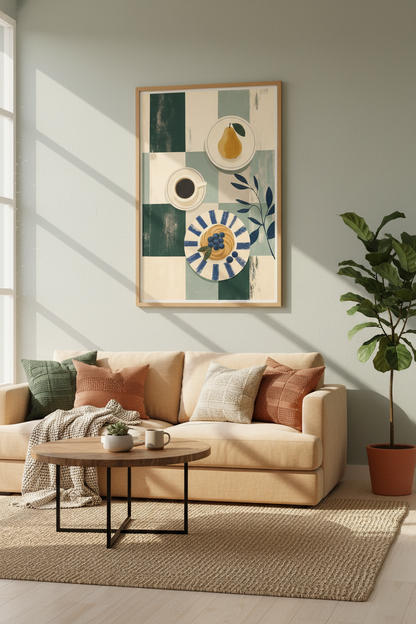 Breakfast Still Life Wall Art | Sage Green &amp; Navy Kitchen Decor | Breakfast Nook Poster