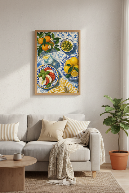 Mediterranean Summer Table Wall Art | Italian Lemon Kitchen Decor | Amalfi Foodie Poster