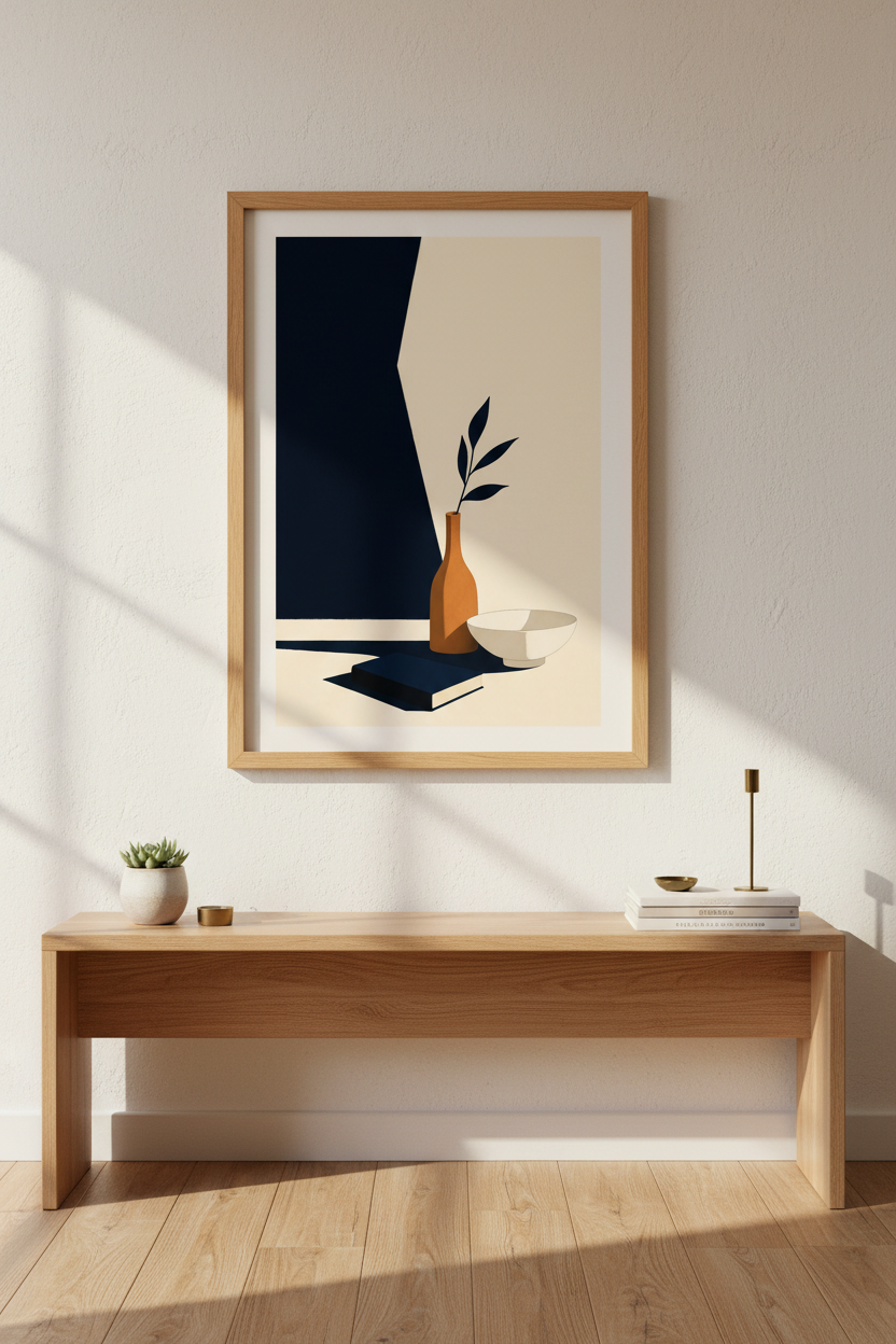 Geometric still life | Minimalist navy &amp; cream, living room decor poster