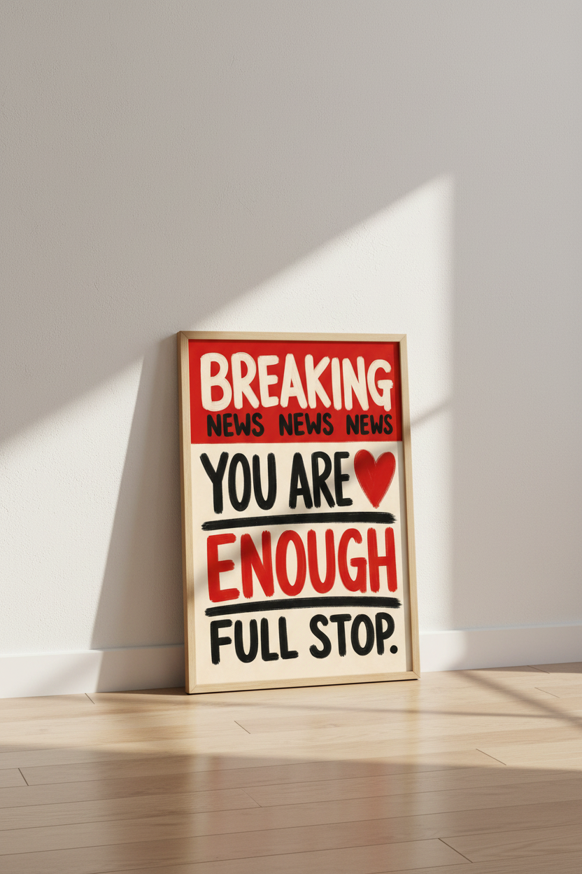 You Are Enough Breaking News Wall Art | Red Text Quote Poster | Retro Affirmation Print