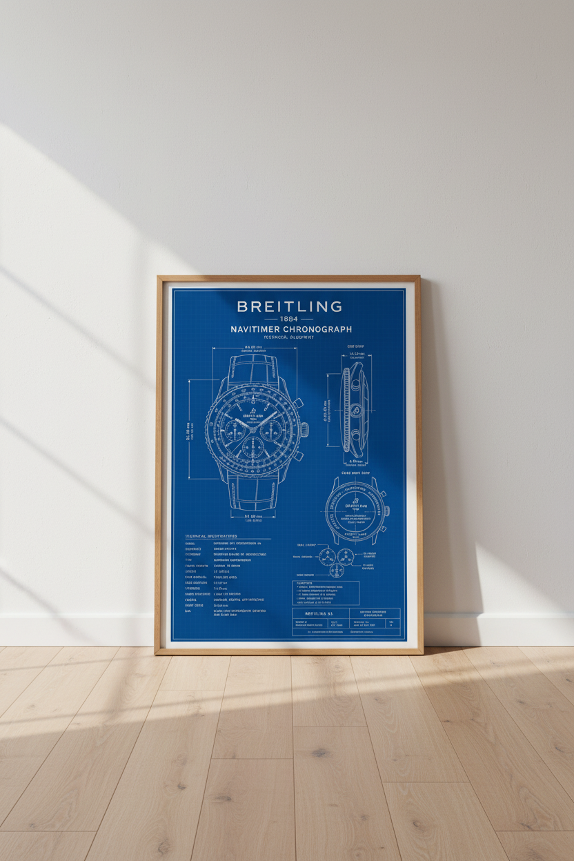 Navitimer Watch Blueprint | Technical Chronograph Poster, Man Cave Wall Art