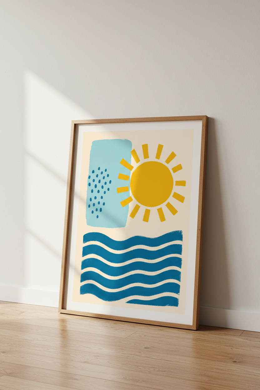 Abstract Sun and Waves Wall Art | Blue &amp; Yellow Minimalist Decor | Coastal Poster