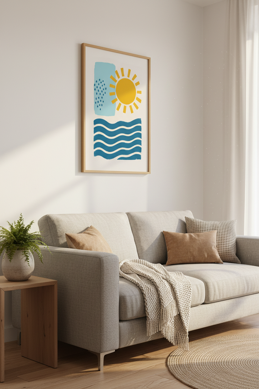 Abstract Sun and Waves Wall Art | Blue &amp; Yellow Minimalist Decor | Coastal Poster