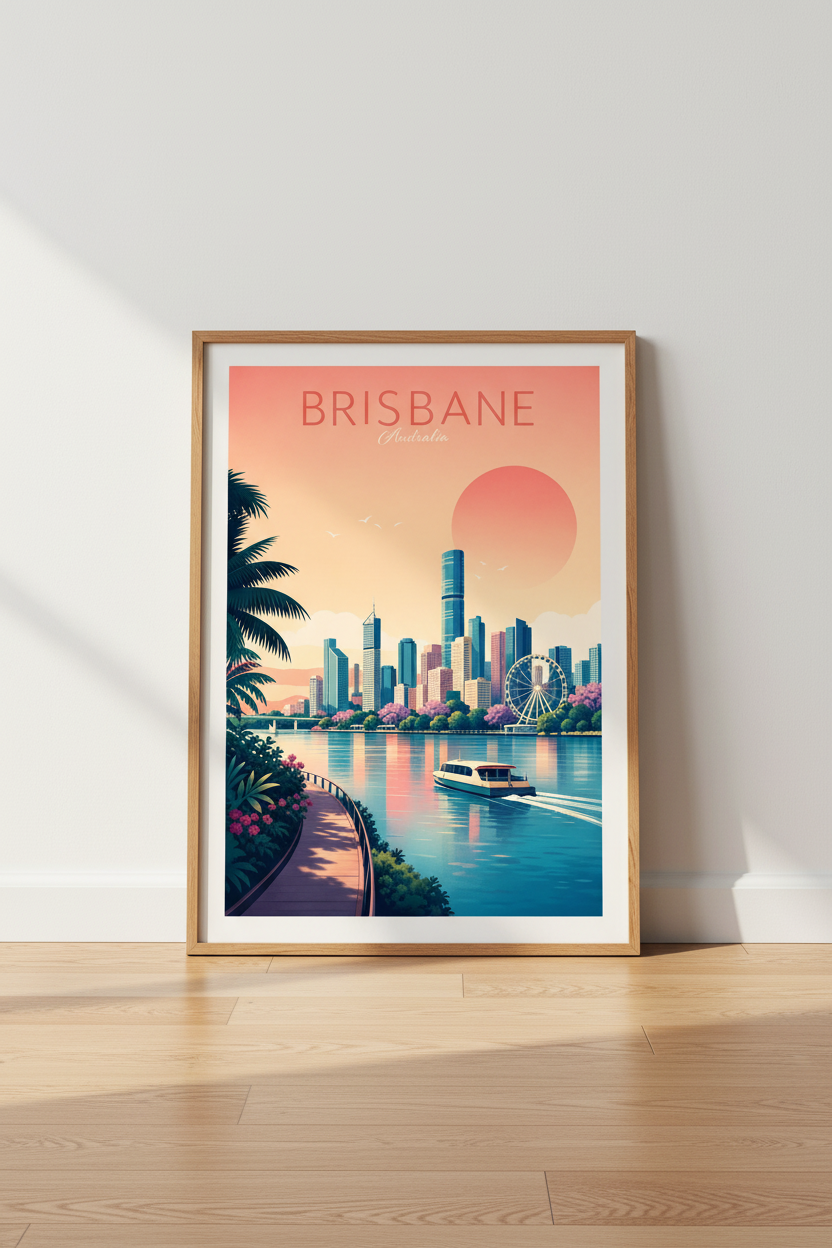 Brisbane Australia Travel Poster | Pastel City Skyline Print, Modern Gallery Wall Decor