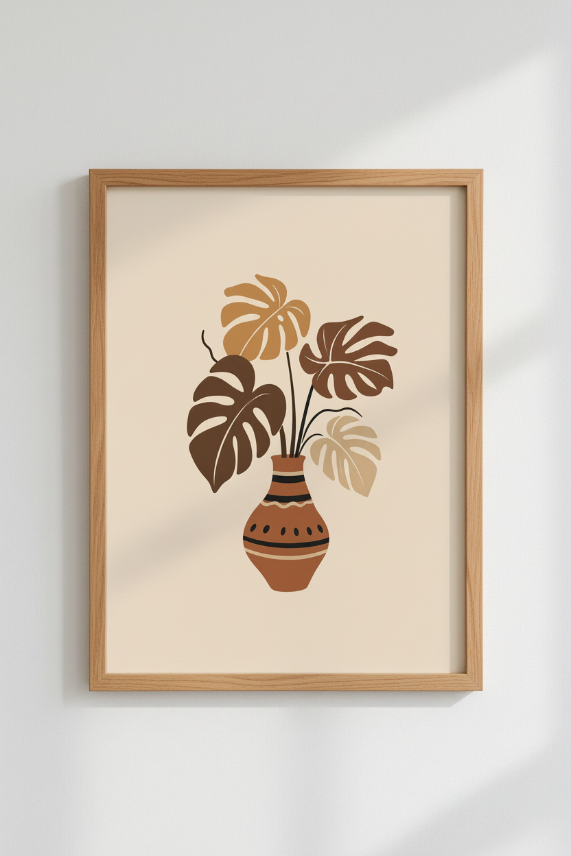monstera leaf wall art | Boho earthy tones, Living Room Decor | Retro poster