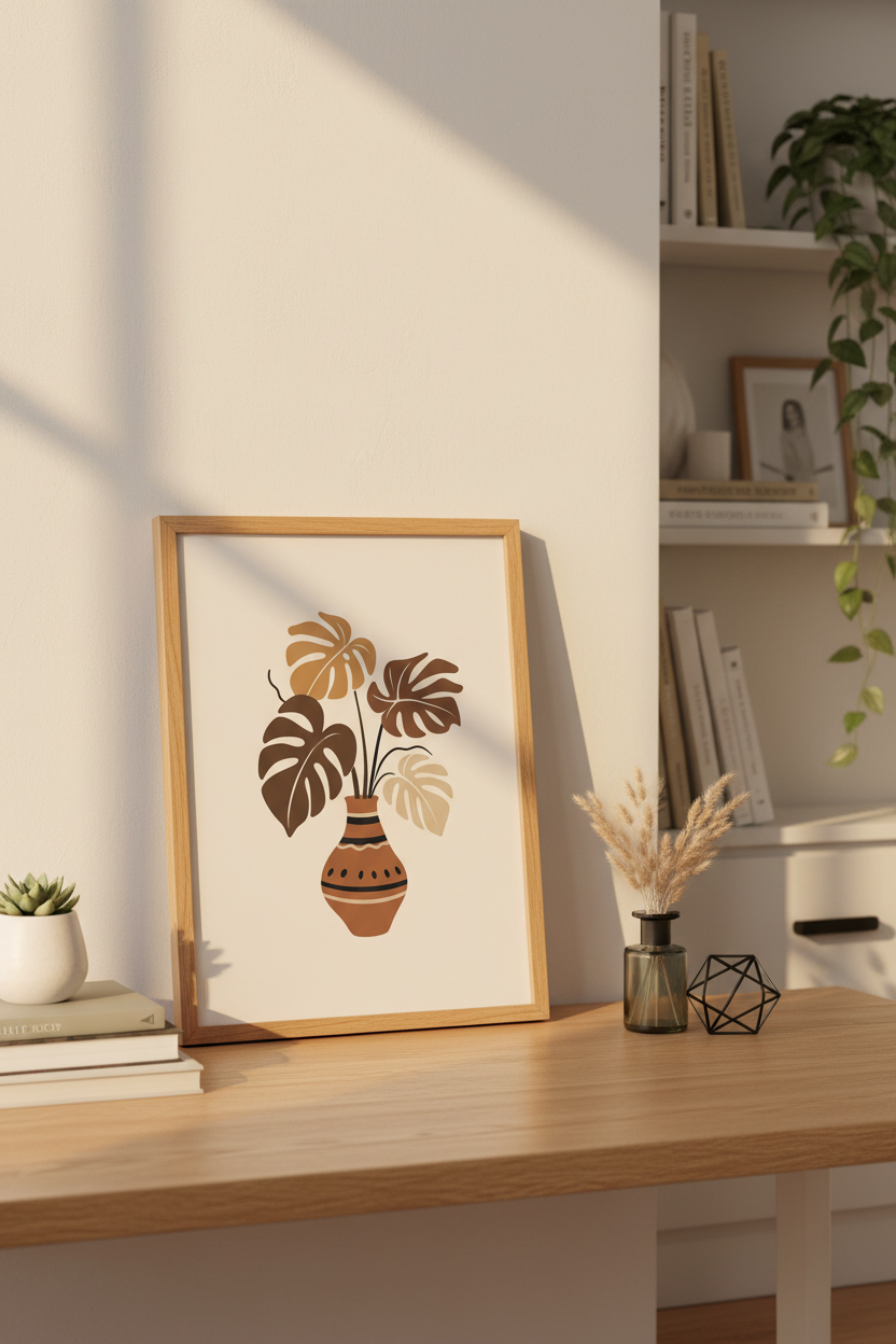 monstera leaf wall art | Boho earthy tones, Living Room Decor | Retro poster