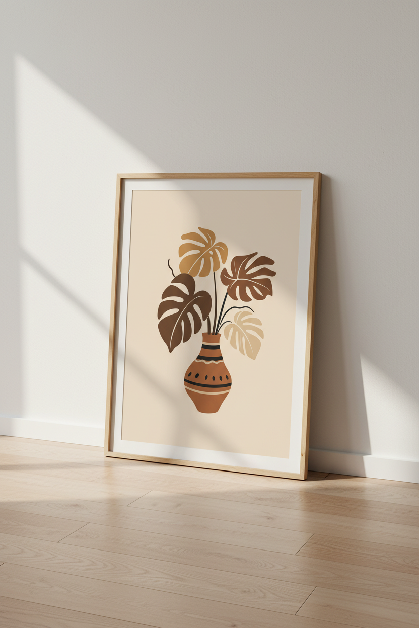 monstera leaf wall art | Boho earthy tones, Living Room Decor | Retro poster