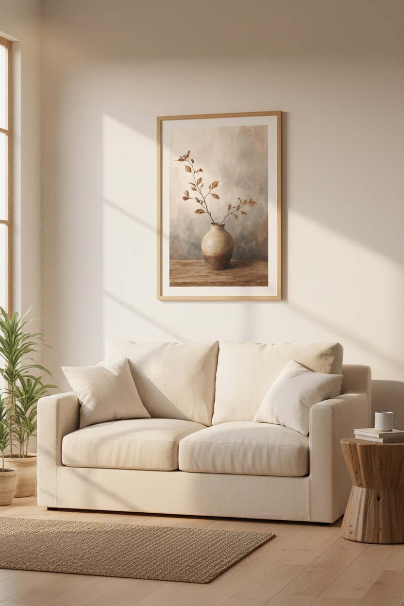 Minimalist Botanical Watercolor Print | Earth Tone Vase Art, Living Room Poster