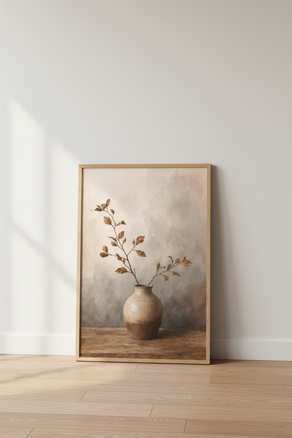 Minimalist Botanical Watercolor Print | Earth Tone Vase Art, Living Room Poster