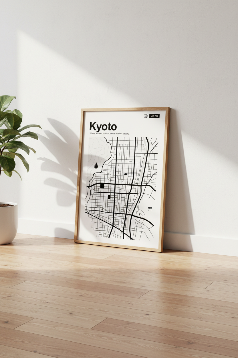 Kyoto Japan City Map Wall Art | Minimalist Black &amp; White Poster | Modern Travel Decor