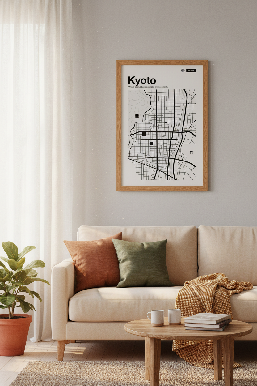 Kyoto Japan City Map Wall Art | Minimalist Black &amp; White Poster | Modern Travel Decor