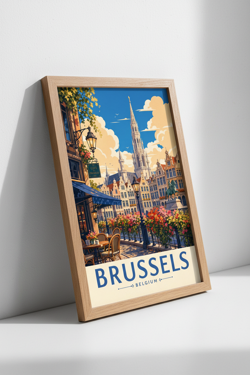 Brussels Belgium Travel Wall Art Print | City Cafe Decor | Vintage Style Poster