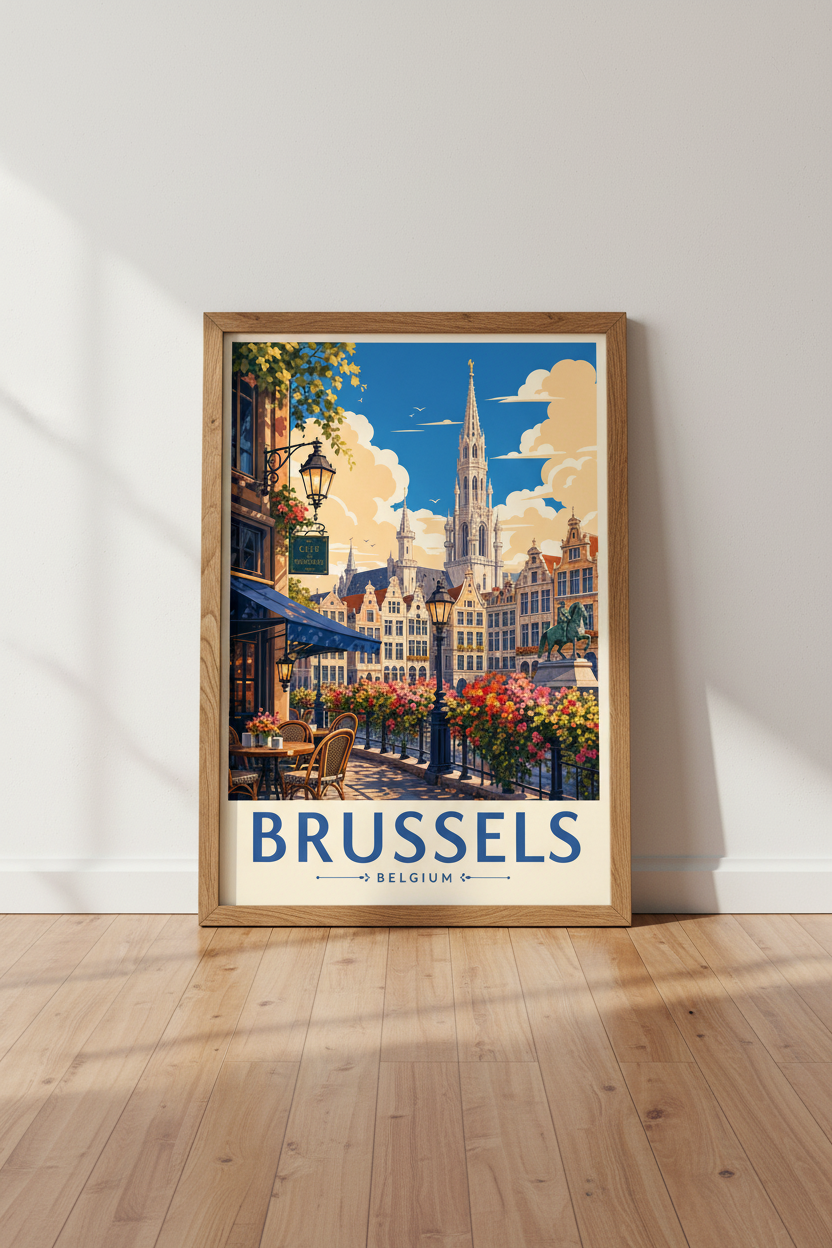 Brussels Belgium Travel Wall Art Print | City Cafe Decor | Vintage Style Poster