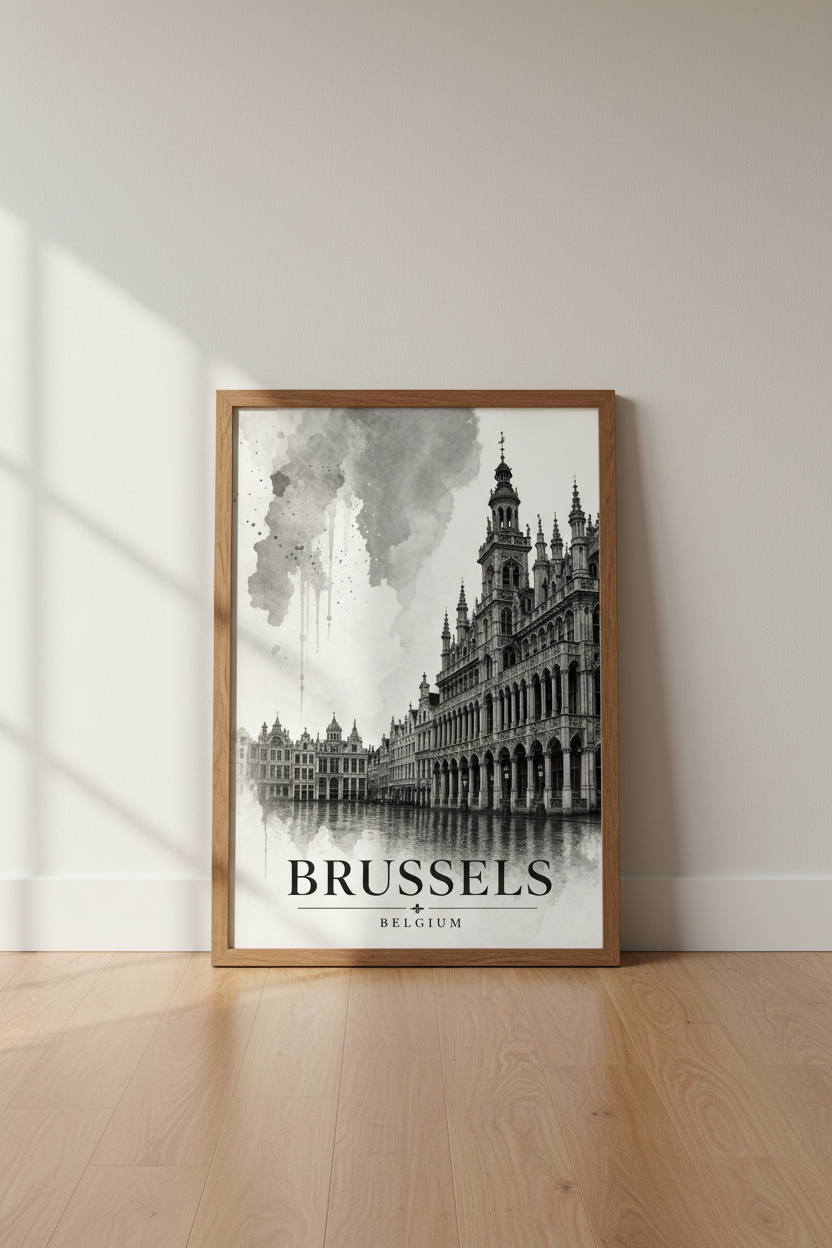 Brussels Belgium Art Print | Black and White Watercolor City, Office Decor