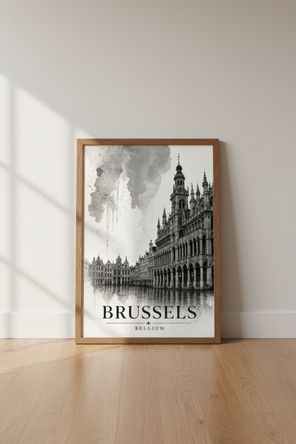 Brussels Belgium Art Print | Black and White Watercolor City, Office Decor