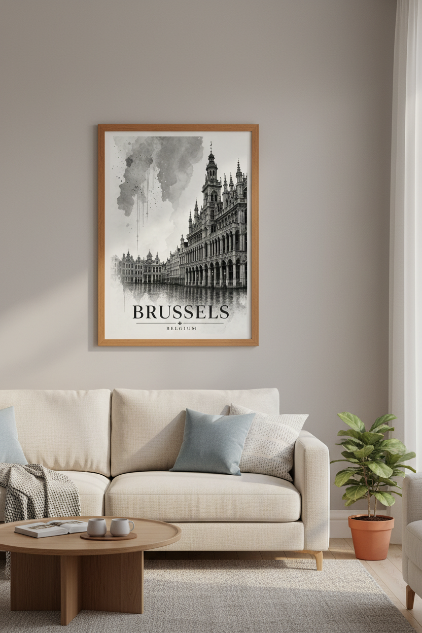 Brussels Belgium Art Print | Black and White Watercolor City, Office Decor