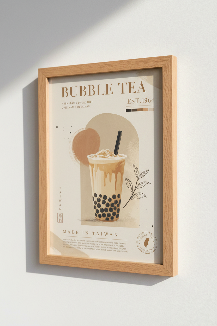 Bubble Tea Boba Wall Art | Minimalist Beige Kitchen Decor | Taiwan Food Poster