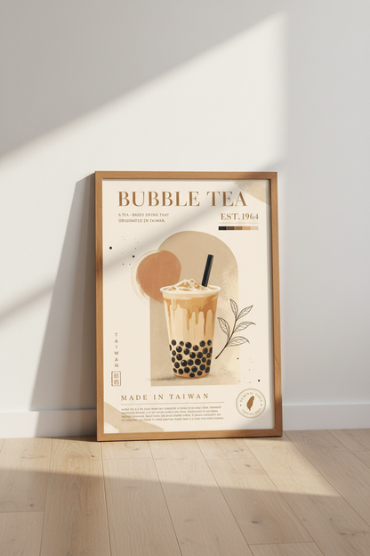 Bubble Tea Boba Wall Art | Minimalist Beige Kitchen Decor | Taiwan Food Poster