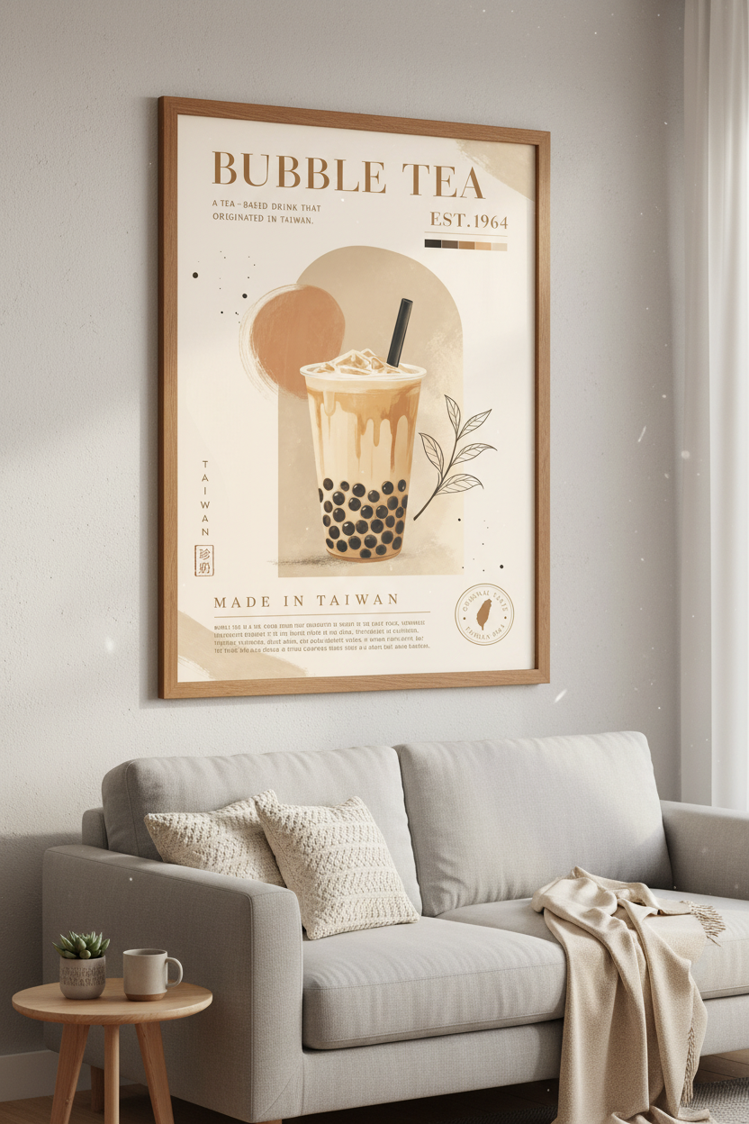 Bubble Tea Boba Wall Art | Minimalist Beige Kitchen Decor | Taiwan Food Poster