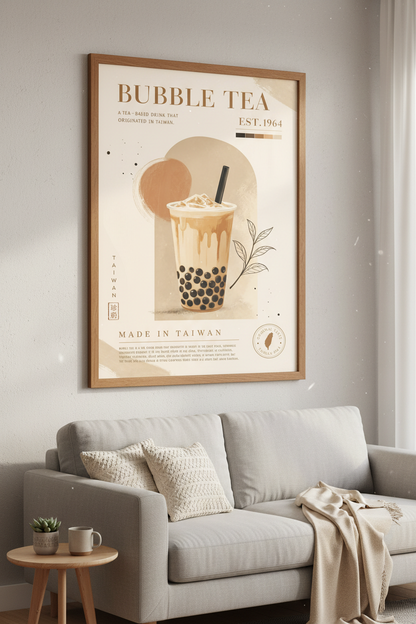 Bubble Tea Boba Wall Art | Minimalist Beige Kitchen Decor | Taiwan Food Poster