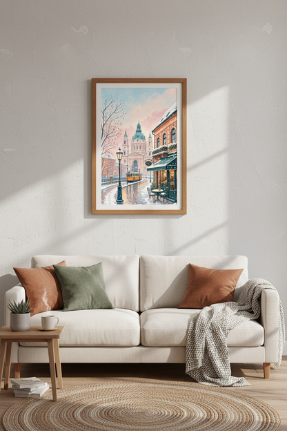 Budapest Winter Scene | Watercolor Cityscape Wall Art Print, Cozy Home Decor