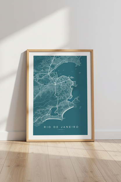 Rio de Janeiro City Map Wall Art | Teal Minimalist Decor | Brazil Travel Poster