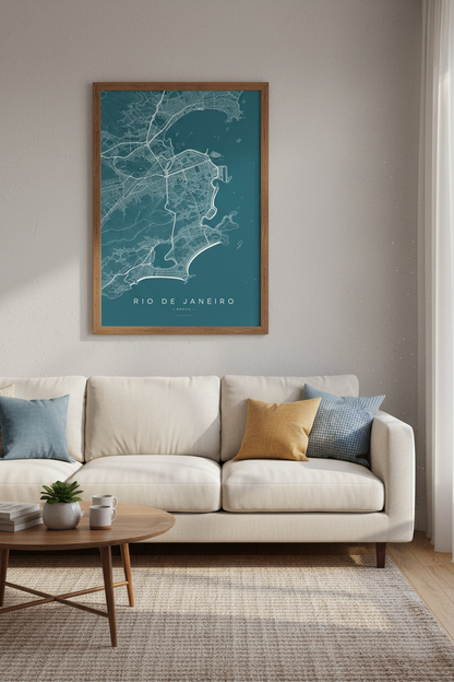 Rio de Janeiro City Map Wall Art | Teal Minimalist Decor | Brazil Travel Poster