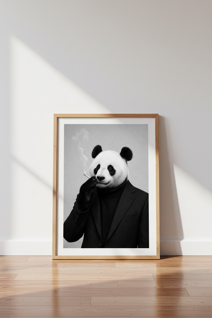 Smoking Panda Suit Wall Art Print | Office Living Room Decor | Minimalist Poster