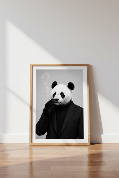 Smoking Panda Suit Wall Art Print | Office Living Room Decor | Minimalist Poster