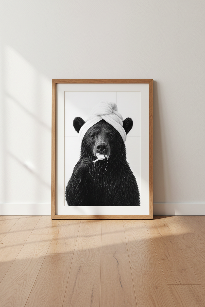 Bear Brushing Teeth Wall Art Print | Bathroom Decor | Funny Black and White Poster