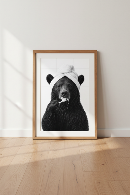 Bear Brushing Teeth Wall Art Print | Bathroom Decor | Funny Black and White Poster