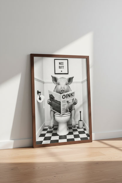 Pig on Toilet Wall Art | Funny Bathroom Decor | Black and White Poster