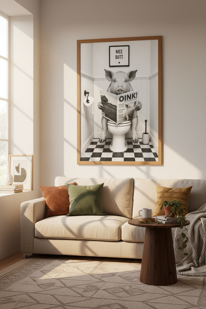 Pig on Toilet Wall Art | Funny Bathroom Decor | Black and White Poster