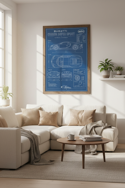 Bugatti Chiron Blueprint Wall Art | Supercar Technical Poster | Office Decor