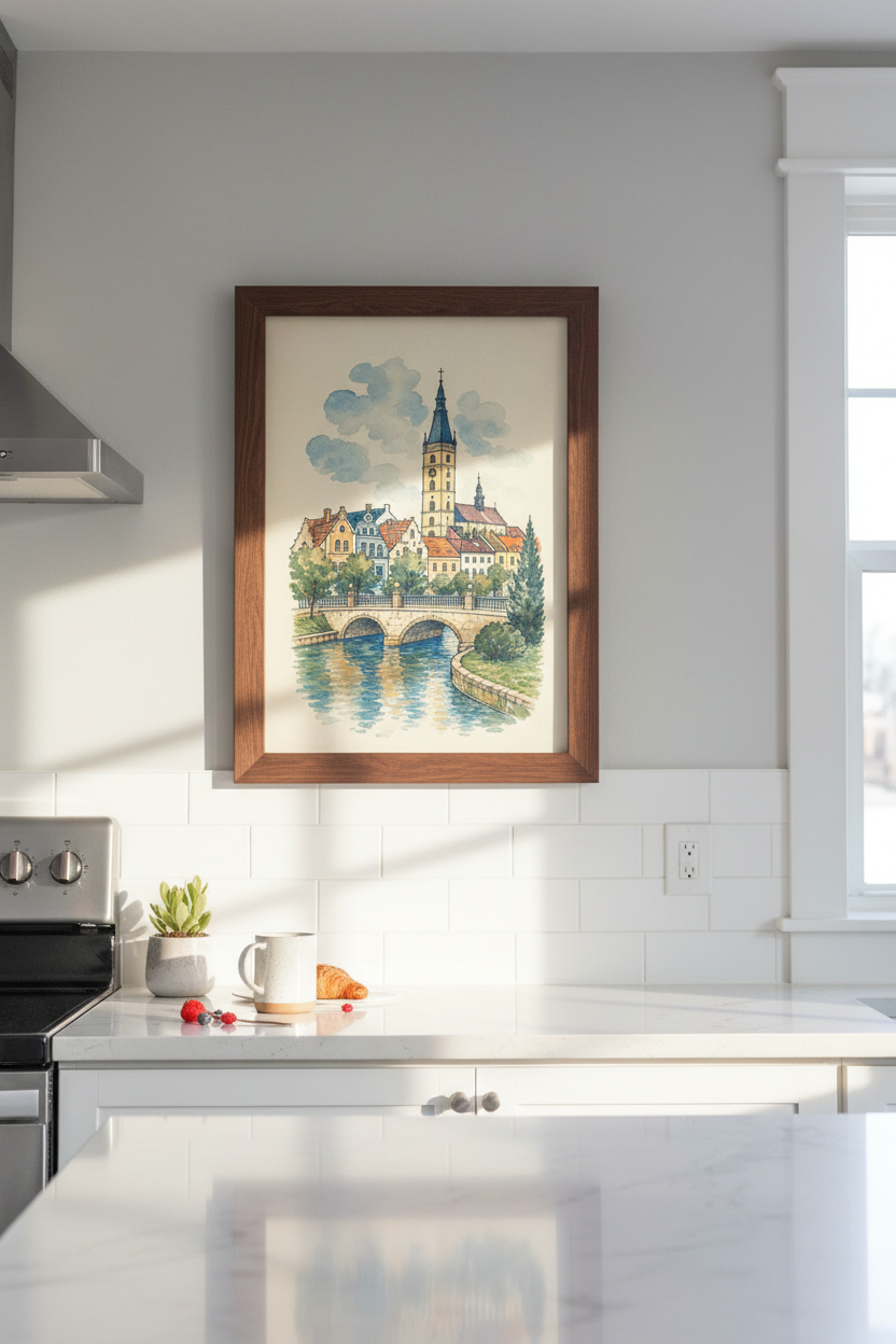 Watercolor Townscape Wall Art Print | Living Room Decor | Pastel Poster