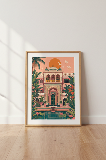 Indian Palace Wall Art Print | Pink City Decor | Tropical Haveli Poster