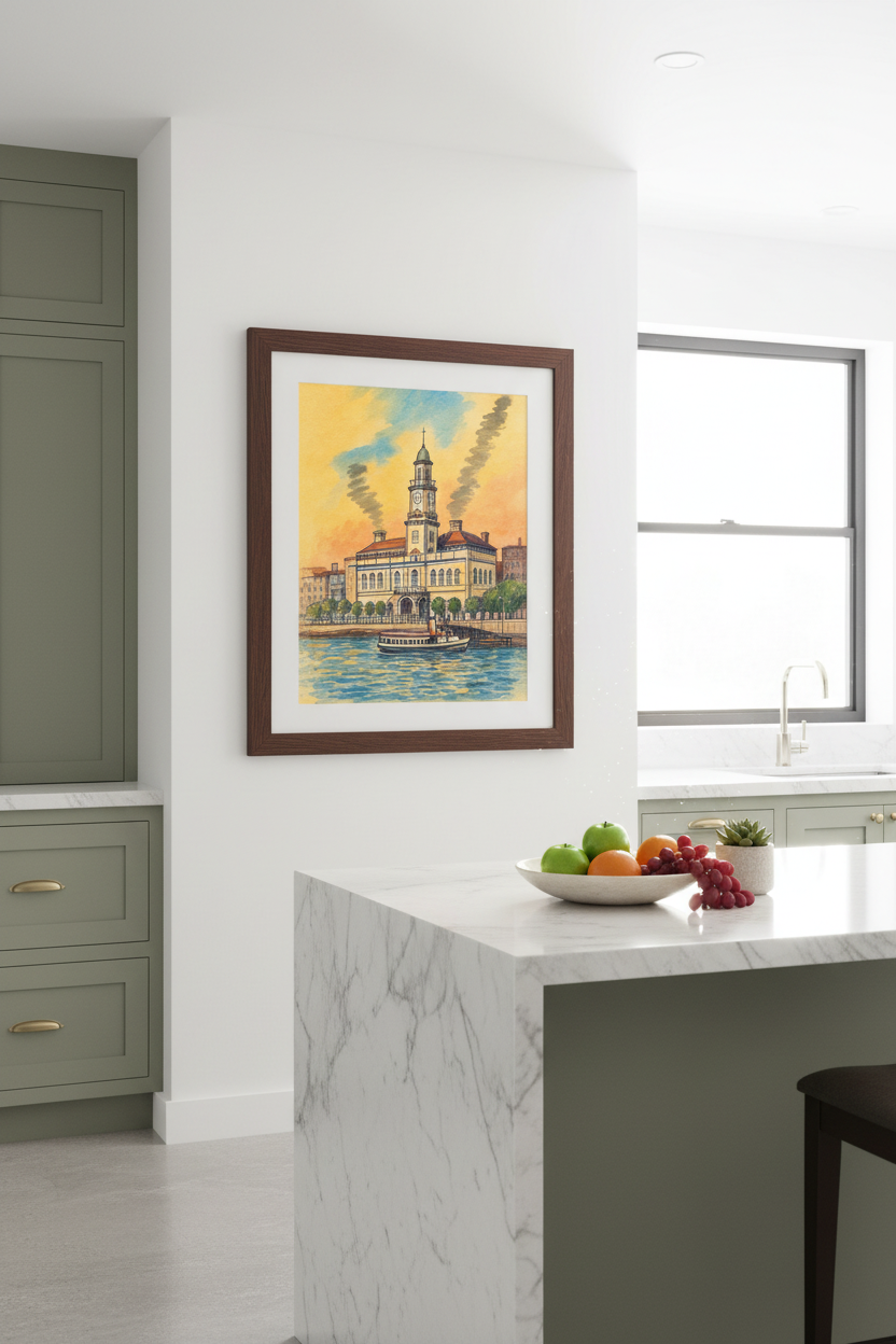 Watercolor Cityscape | Sunset Tones, Living Room Decor