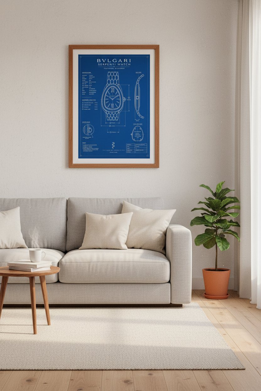 Bulgari Serpenti Watch Blueprint | Luxury Technical Poster, Home Office Art