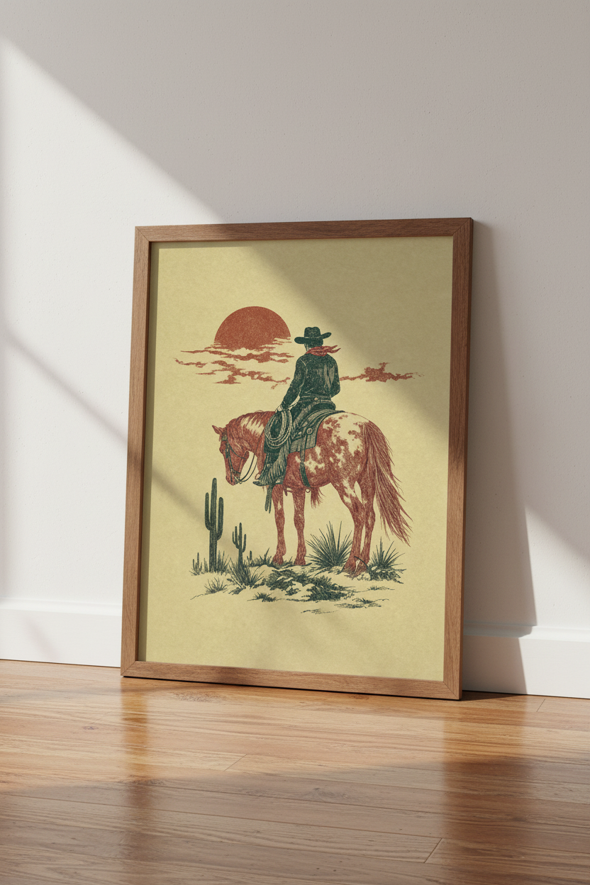 Western Cowboy Riding Horse Wall Art | Desert Sunset Poster, Rustic Boho Decor