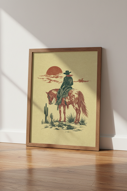 Western Cowboy Riding Horse Wall Art | Desert Sunset Poster, Rustic Boho Decor