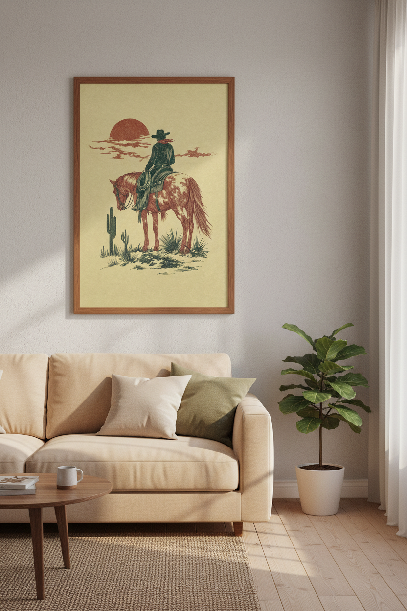Western Cowboy Riding Horse Wall Art | Desert Sunset Poster, Rustic Boho Decor