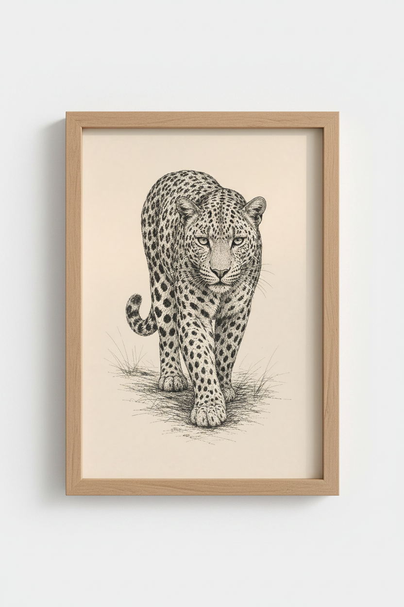 Leopard Sketch Wall Art Print | Black and White Animal Drawing, Living Room Decor